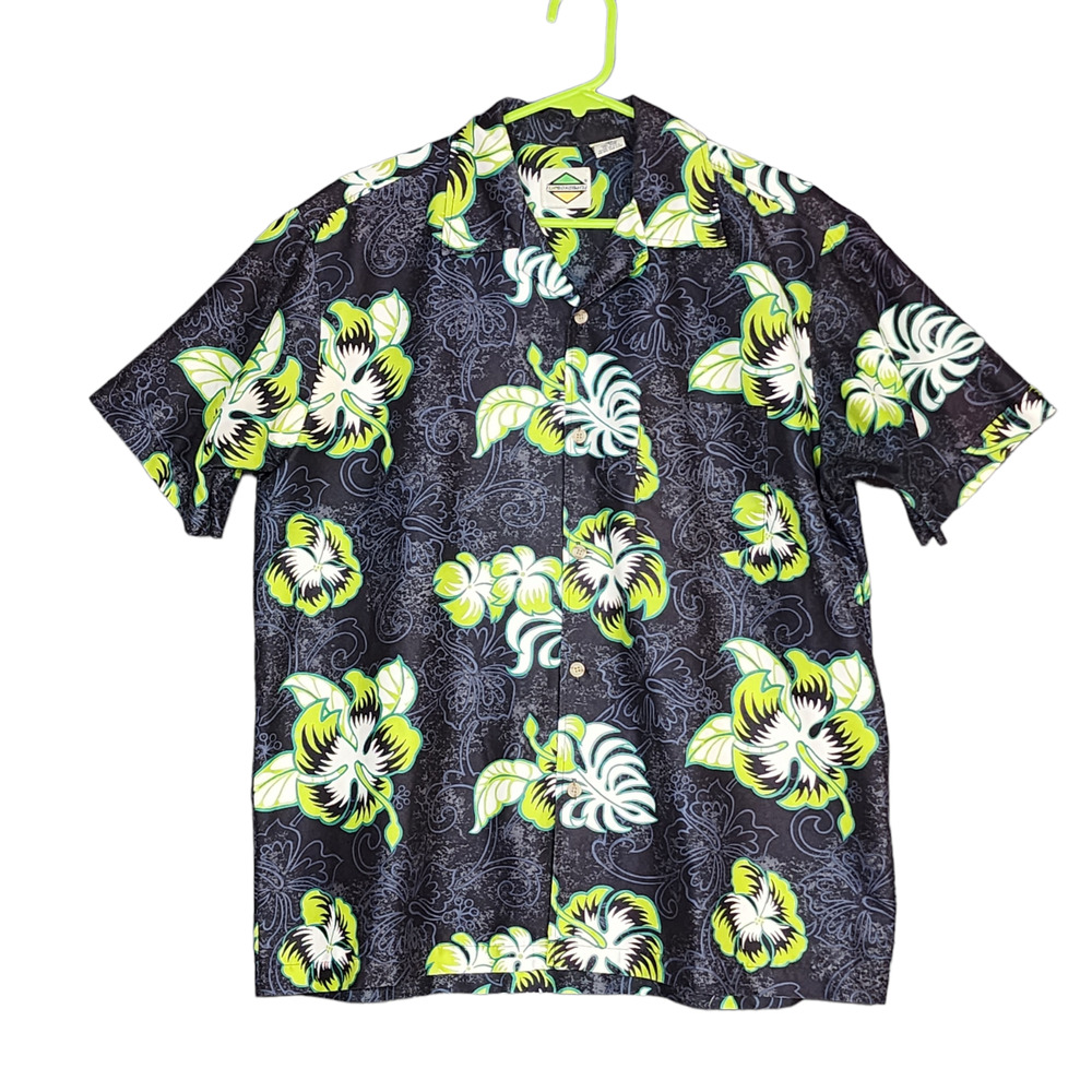 Flip Box Shirt Button‎ Down Hawaiian Style Summer Beach Black Green Medium